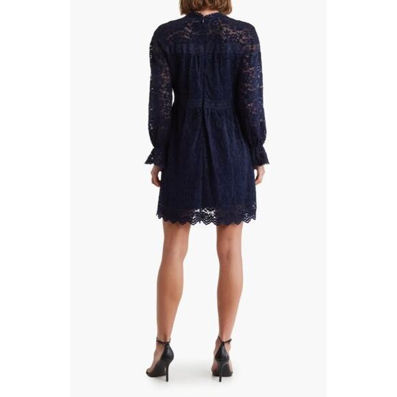 Tahari ASL Womens Lace Mini Dress 4 Blue Long Sleeve Mock Neck Babydoll NWT - Picture 2 of 13
